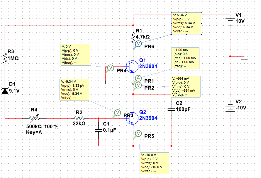 Multisim schematic of a BJT current mirror circuit using 2N3904 transistors with a reference resistor and KeynA current source